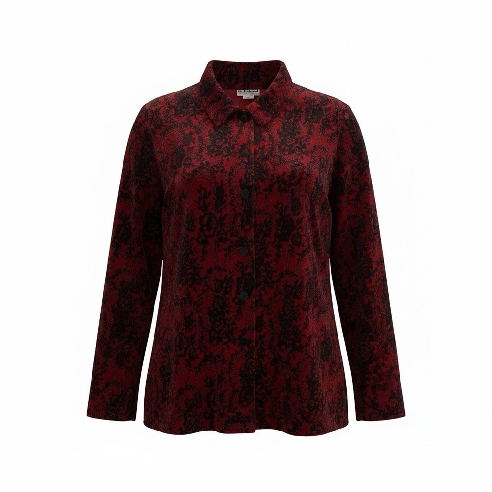 The Tog Shop Jacket Women XL Red Black Floral Cotton Velvet Button USA 6310